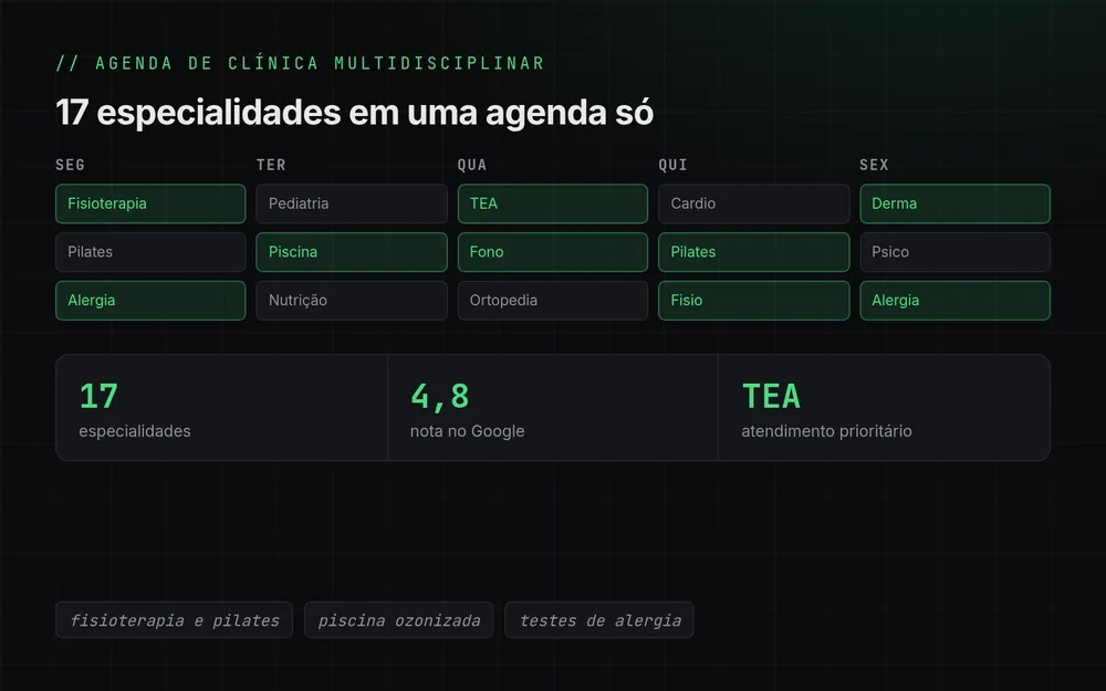 Ilustração de uma agenda semanal de clínica com fisioterapia, pilates, alergia e atendimento TEA.