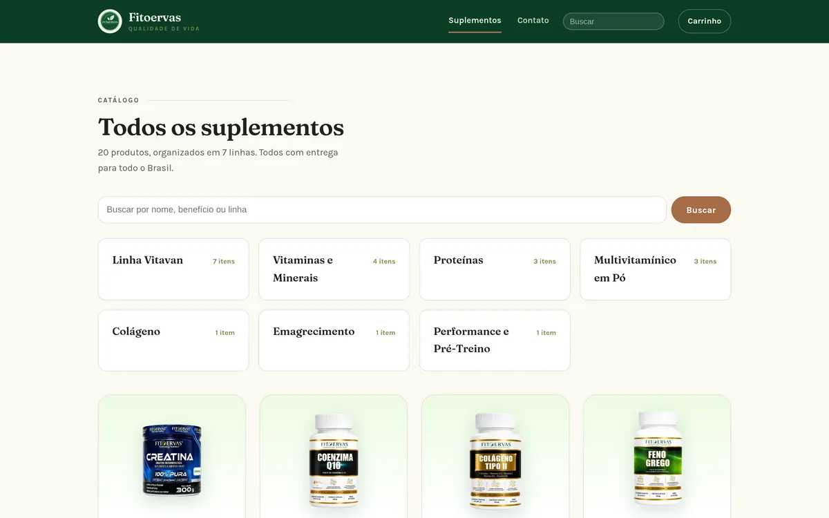 Catálogo da loja: produtos organizados por linha, campo de busca e cartões de categoria com a contagem de itens.
