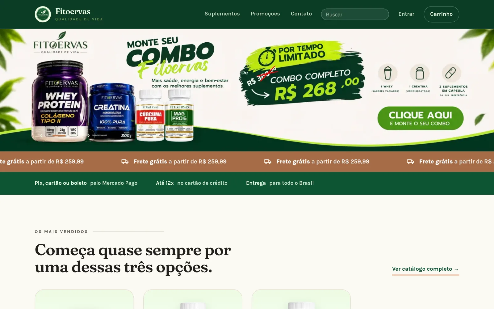 Página inicial da loja Fitoervas do Brasil: banner de combo de suplementos, faixa de frete grátis e formas de pagamento pelo Mercado Pago.