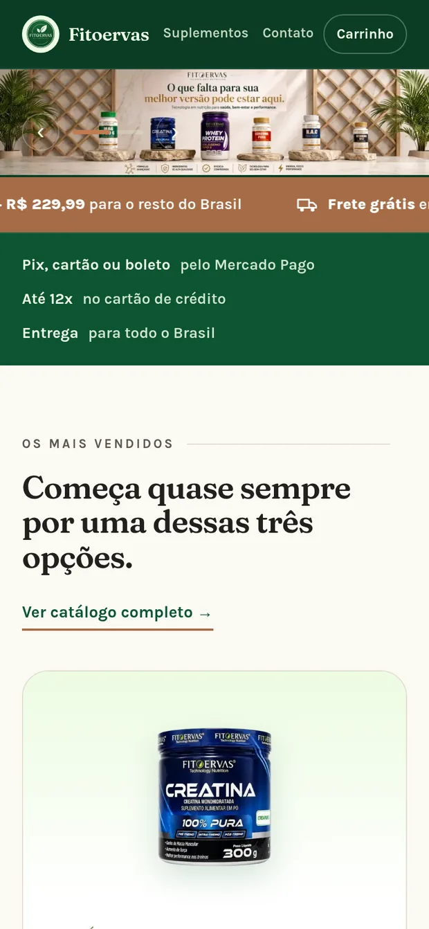 A loja aberta no celular, com menu, banner de produtos e faixa de frete grátis ajustados à tela pequena.