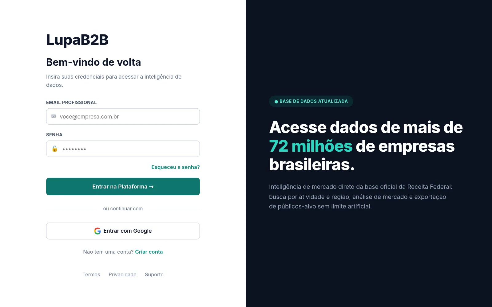 Tela de entrada do LupaB2B: acesso por e-mail e senha ou pela conta Google, ao lado do texto 'Acesse dados de mais de 72 milhões de empresas brasileiras'.